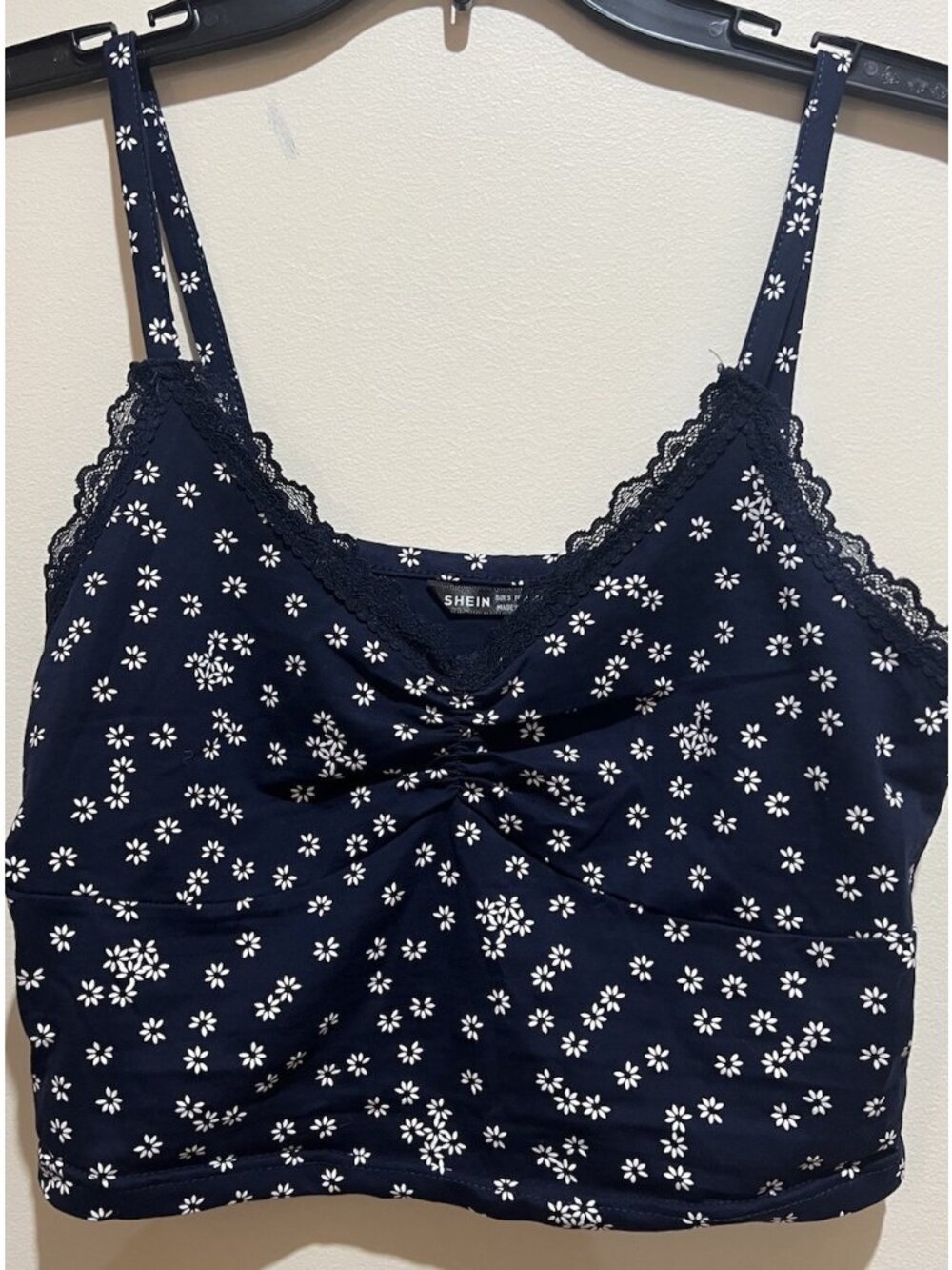 Shein Blue With Flowers & Lace Trim Cropped Tank Top ~ Small ~ New Without Tags